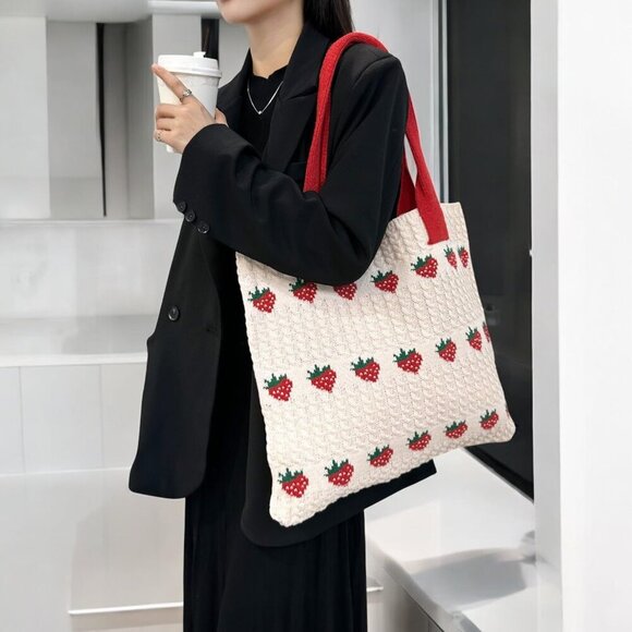 Cute Strawberry Pattern Tote Bag Crochet Tote Bag Shoulder Bag Handbags Knitting - Picture 5 of 6